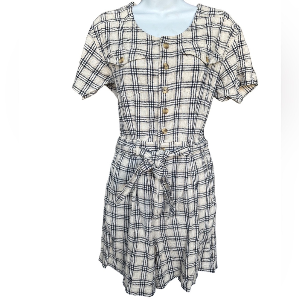 Vintage Silk Exchange Textured Silk Navy and Cream Plaid Romper - Size S
